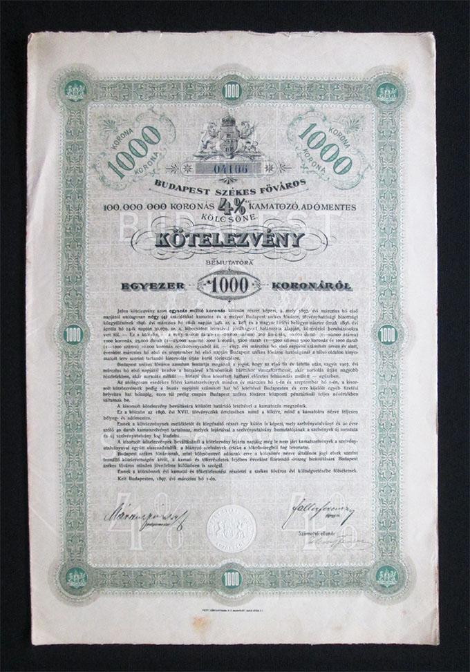 Budapest Székesfõváros kötelezvény 1000 korona 1897